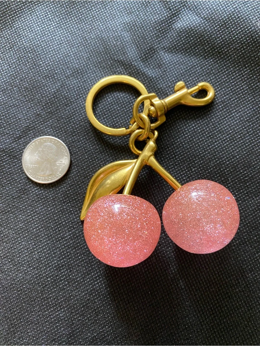 Gold Cherry Keychain or Bag Charm with Pink Glitter Charms